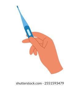 Vector of a hand holding a digital thermometer, representing body temperature measurement and fever check