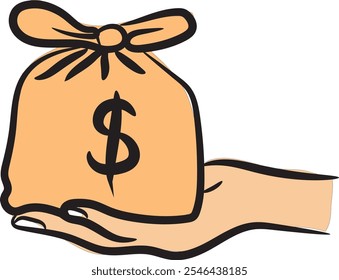 Vector of a hand holding a dollar amount in a hand-drawn burlap, Colour Vector