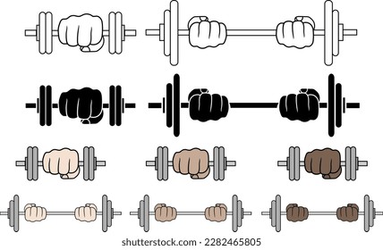 Vector of hand holding dumbbell. Fitness workout. Barbell and strong hand fist. Powerlifting. icons