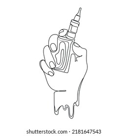Vector hand holding electronic cigarette vaporizer line drawing,logo template.Hand with vape continuous line drawing,design for logo,emblem,print.Smoking device