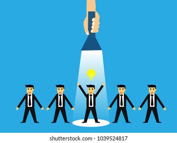 vector of hand holding flashlight to business leader get idea,business concept
