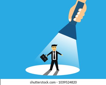 vector of hand holding flashlight with businessman stand in light,business concept