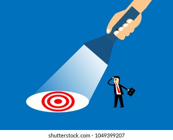 vector of hand holding flashlight lights up the hidden target,business concept