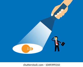 vector of hand holding flashlight lights up the hidden idea,business concept