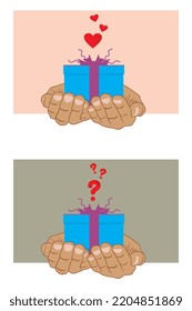 Vector of hand holding a gift box. Holiday gift symbol. Flat vector illustration of mystery box