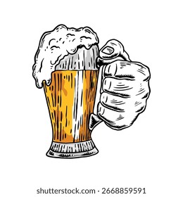 Vector mano sosteniendo la ilustración de cerveza de vidrio