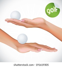 Vector Hand Holding Golf Ball Illustration, Icons, Sign, Badge With Sticker