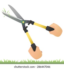 Vector of hand holding grass shear to mowing grass.