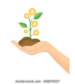 Vector of Hand holding the green dollar plant for grow business concept or making profit