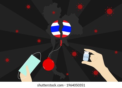 Vector- Mano sosteniendo máscara verde de cara y una botella de vacuna con mapa de Tailandia y fondo de bomba. Pandemia del Coronavirus (Covid-19). Salud, concepto médico.