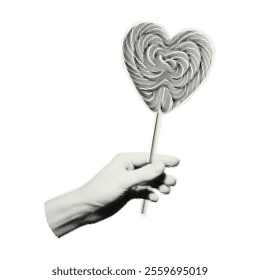 Vector hand holding lollipop heart. Trendy retro element with a halftone effect for collage, poster, banner, cover design.