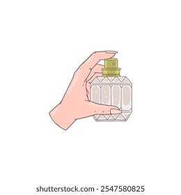 Vector with a hand holding a luxurious vintage perfume bottle on a white background. Elegant glass design with a spray bottle to create a fashionable look.