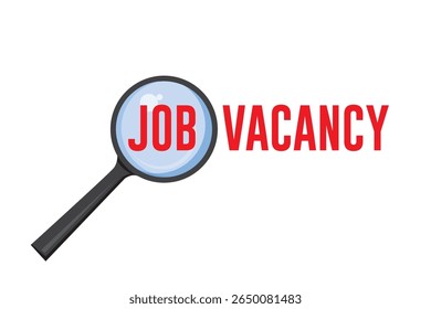 Vector of hand holding magnifying glass close up job text and vacancy text. Hiring, recruitment concept