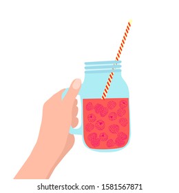 Vector hand holding mason jar with raspberry illustration on white background. 