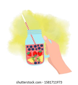 Vector hand holding mason jar with strawberry, blueberry and lemon illustration on yellow background. 
