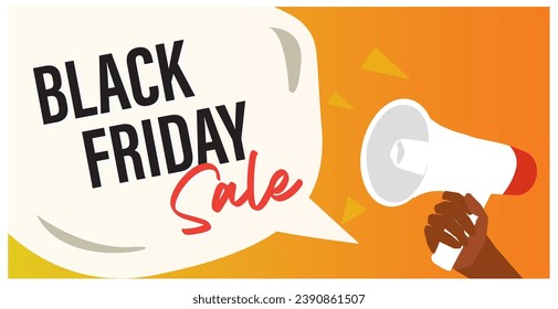 Vector of a hand holding a megaphone loud sounds to celebrate the Black Fiday sale on text cloud an orange and yellow background