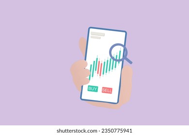vector hand holding mobile isolated on pastel purple background. Hand using funding business graph on application under creative solution . 3d trading for business investment