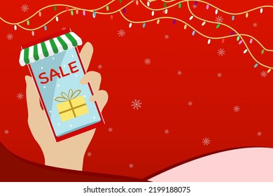 Vector - Hand holding mobile phone on Christmas background. Shopping online, E-commerce, Marketing, Holiday, New year, X’mas concept. Can be use for advertising, banner, web. Copy space.