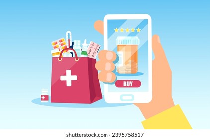 Vector de una mano que sostiene un teléfono móvil con una aplicación de farmacia en línea. Entrega a domicilio de medicamentos recetados y concepto de servicio de farmacia en línea 
