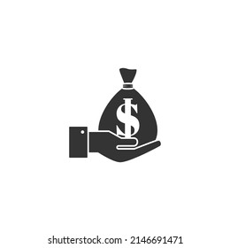 Vector hand holding money bag icon with silhouette style. Vector illustration icons can be used for applications, websites, or parts of logos.