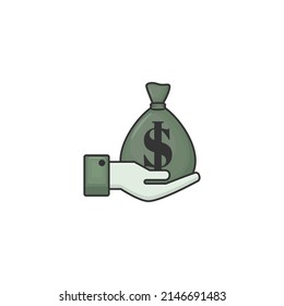 Vector hand holding money bag icon with cartoon style. Vector illustration icons can be used for applications, websites, or parts of logos.