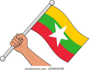 Vektor einer Hand, die einen Flaggenstick von Myanmar hält