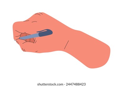 Vector hand holding pen and writing or drawing isolated on white background. Hand writing with blue pen in flat style. Concept of school, study and education. Colored flat vector illustration