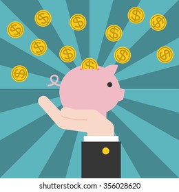 Vector hand holding piggy bank with coins, cash back concept with sunburst background, flat design