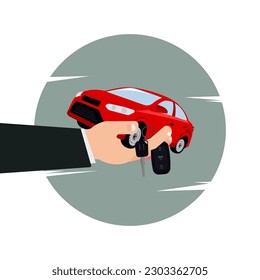 Vector hand holding red car in palm with key on finger illustration