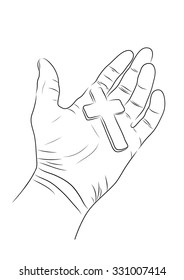 vector hand holding red cross in contour. EPS