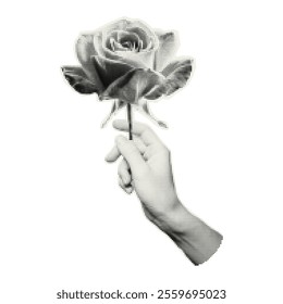 Vector hand holding a rose. Trendy retro element with a halftone effect for collage, poster, banner, cover design.