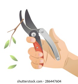 Vector of hand holding secateurs to cut twigs and branches.