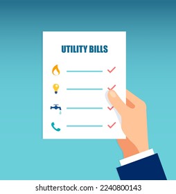 Vector of a hand holding sheet with utility bills on blue background 