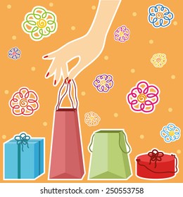 Vector hand holding a shopping bag. Shopping theme