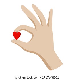 mano vectorial sosteniendo una pequeña relación de amor de corazón rojo ejemplo de signo
