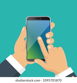 Vector. Hand holding smart phone. Business concept, flat design