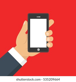 Vector. Hand holding smart phone. Business concept, flat design