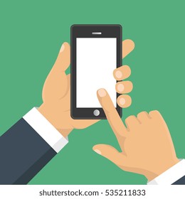 Vector. Hand holding smart phone. Business concept, flat design