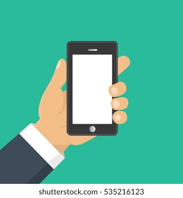 Vector. Hand holding smart phone. Business concept, flat design