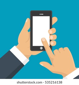 Vector. Hand holding smart phone. Business concept, flat design