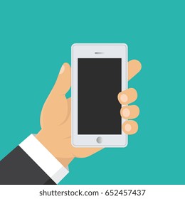 Vector. Hand holding smart phone. Business concept, flat design