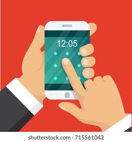 Vector. Hand holding smart phone. Business concept, flat design