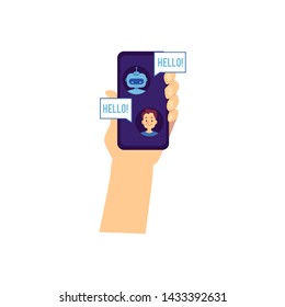 Vector hand holding smartphone with chat bot greeting young man saying hello with speech bubbles. Robot assisnat chatting. Artificial intelligence support in messengers. Chatterbot dialog with a man