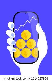 vector hand holding smartphone and get more bitcoin background