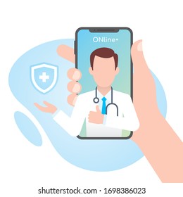 Vector hand holding smartphone. Inside is an online doctor who helps with prevention. Isolated on white background.