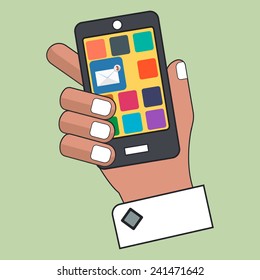 Vector Hand Holding Smartphone with New Message on a Screen