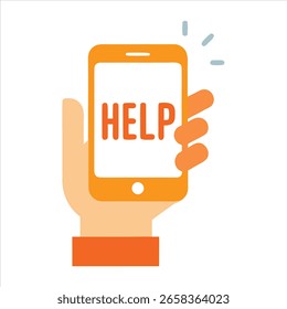 Vektorgrafik der Hand einer Frau, die ein Smartphone mit einer leuchtend orangefarbenen "Hilfe"-Nachricht hält. Betont digitale Aufmerksamkeit, Dringlichkeit und Online-Sicherheit. Sauberes Design auf weißem Hintergrund für eindrucksvolle Bilder.