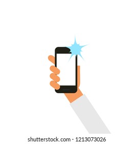 Vector hand holding smartphone.  Taking selfie with flash. 