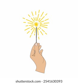 Vector hand holding sparklers. Illustration Celebrating New Year and Christmas Eve