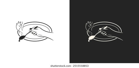 Vector hand holding spoon with delicious ok steam, food cooking tasting logo